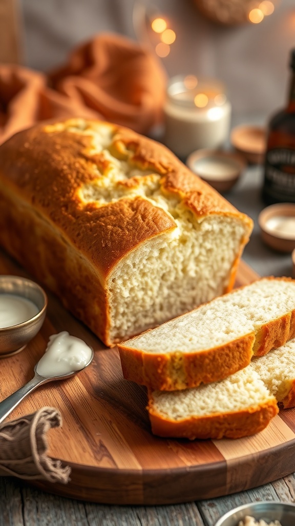 A loaf of cottage cheese yogurt bread on a wooden board, sliced to show its soft texture, with yogurt in the background.
